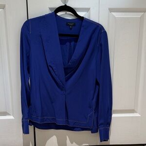 Rag & Bone Royal Blue 100 % Silk Deep V-Neck Blouse with Orange Stitching